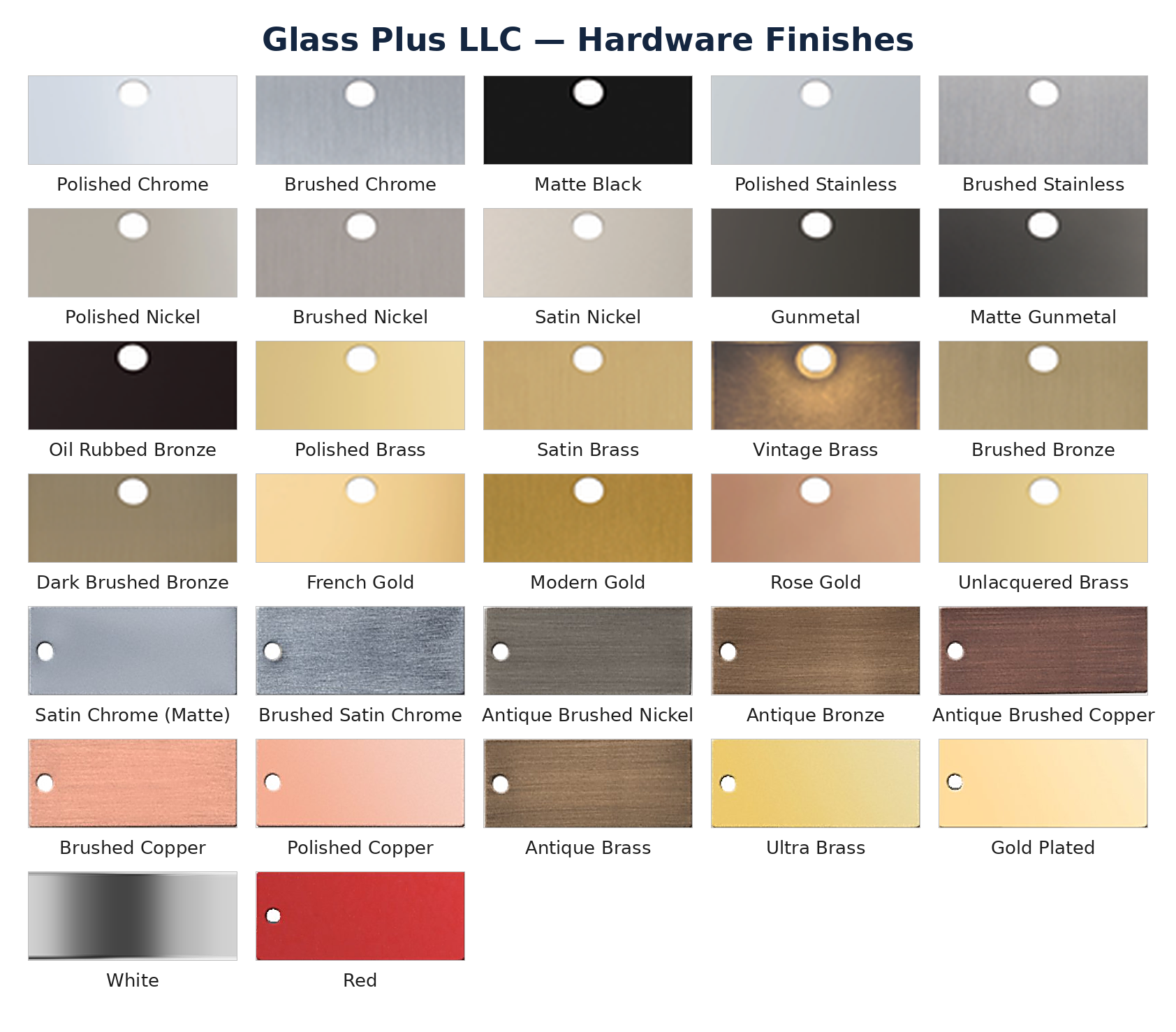 Tabla de acabados de hardware de Glass Plus LLC con las 32 muestras de color: Polished Chrome, Brushed Chrome, Matte Black, Polished Stainless, Brushed Stainless, Polished Nickel, Brushed Nickel, Satin Nickel, Gunmetal, Matte Gunmetal, Oil Rubbed Bronze, Polished Brass, Satin Brass, Vintage Brass, Brushed Bronze, Dark Brushed Bronze, French Gold, Modern Gold, Rose Gold, Unlacquered Brass, Satin Chrome (Matte), Brushed Satin Chrome, Antique Brushed Nickel, Antique Bronze, Antique Brushed Copper, Brushed Copper, Polished Copper, Antique Brass, Ultra Brass, Gold Plated, White y Red