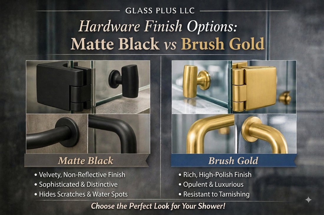 Comparación de acabados de herraje de Glas Plus: Matte Black (negro mate) y Brush Gold (oro cepillado) en bisagras, perillas y manijas de puerta de shower