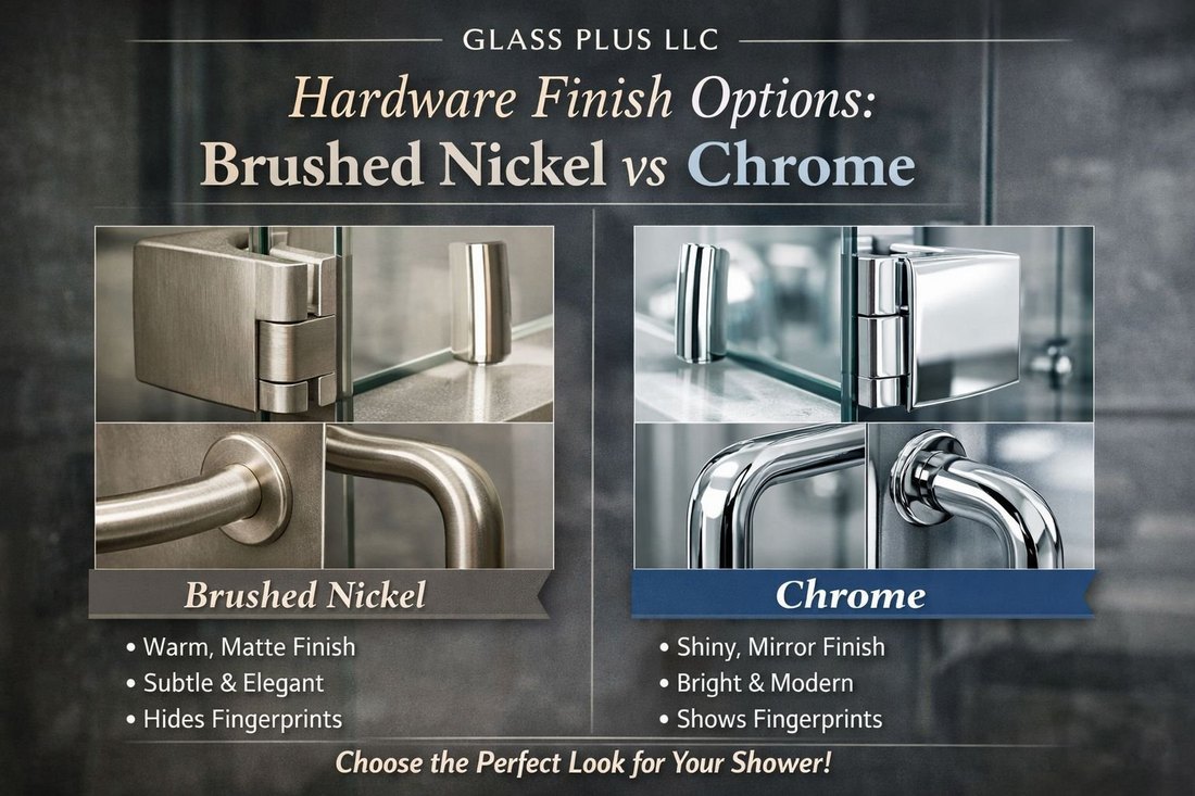 Comparación de acabados de herraje de Glas Plus: Brushed Nickel (níquel cepillado) y Chrome (cromado) en bisagras, perillas y manijas de puerta de shower