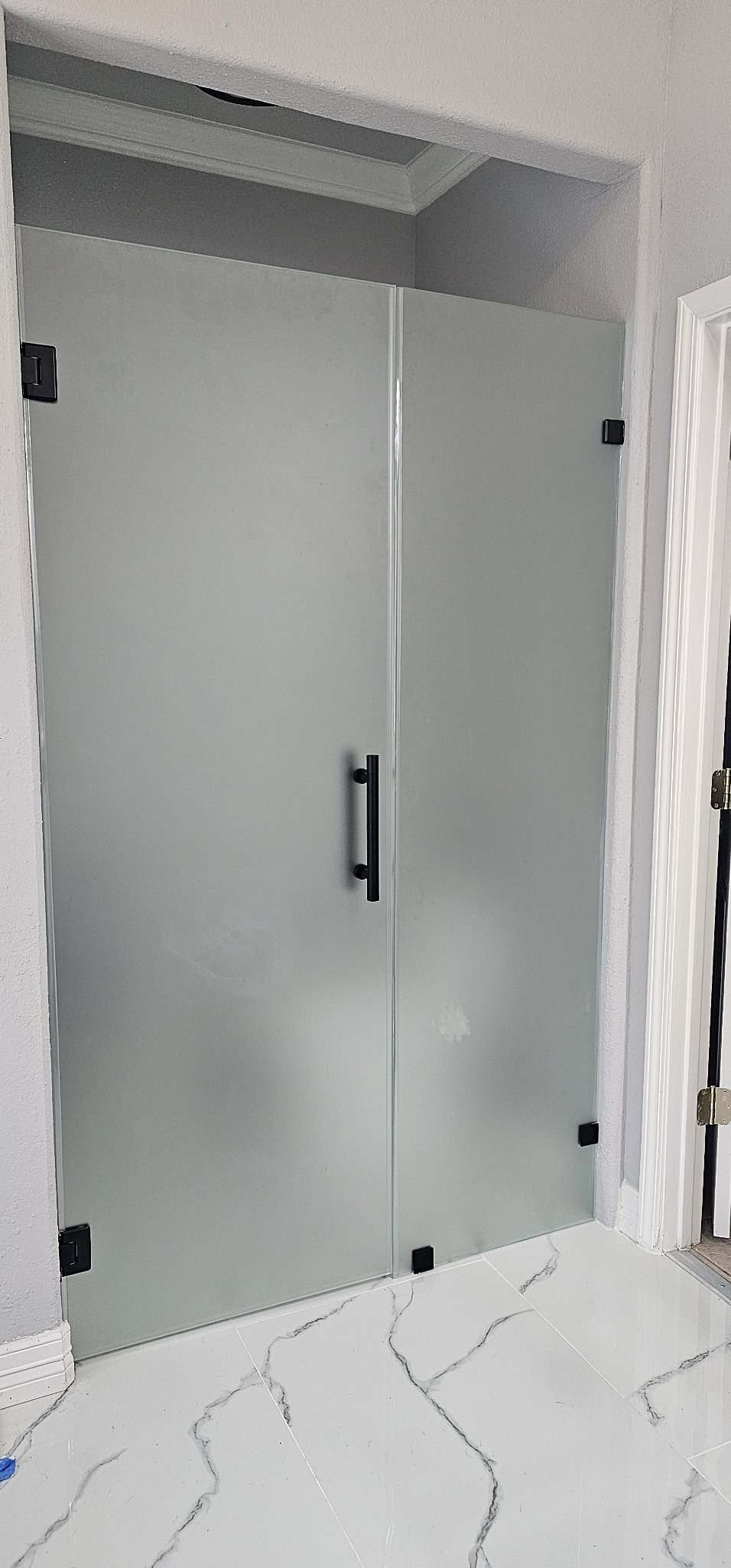 Puerta de bisagras con vidrio Frosted (opaco), panel fijo y herraje negro