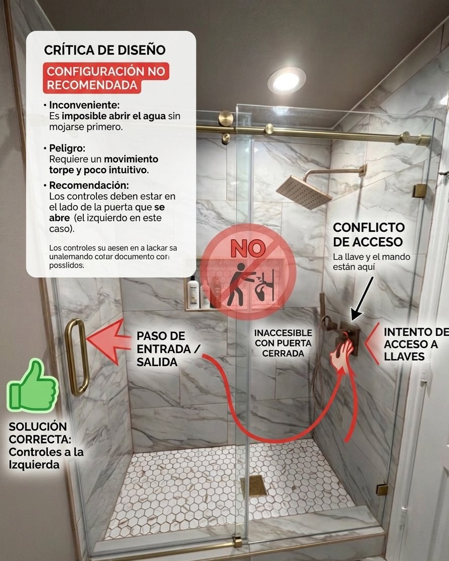 Infografía de Glas Plus, crítica de diseño: configuración no recomendada de una puerta sliding, con las llaves lejos del lado que abre; la solución correcta es poner los controles del lado de la puerta que abre