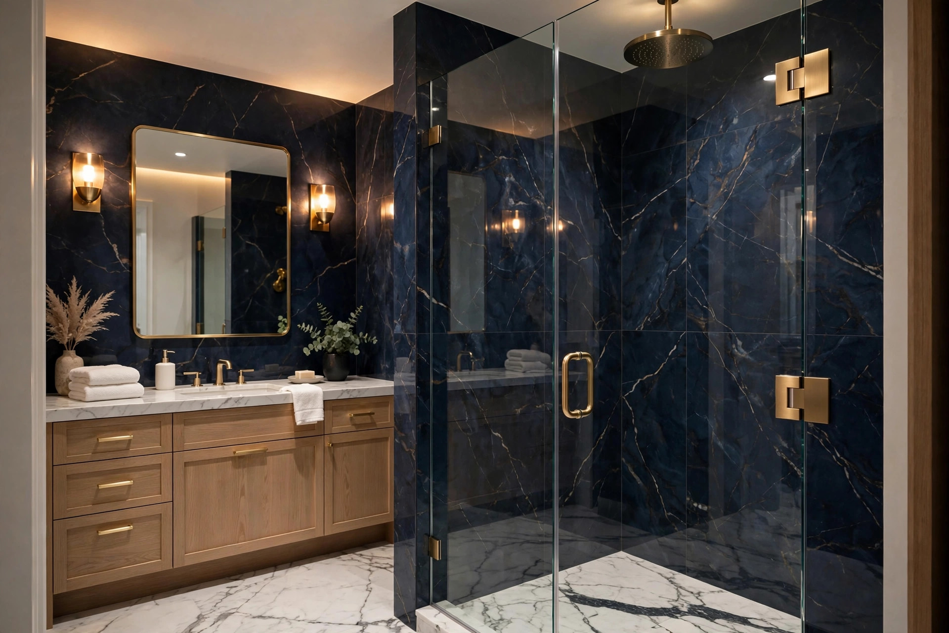 Baño moderno con puerta de shower de vidrio templado sin marco y herraje dorado, instalada por Glas Plus