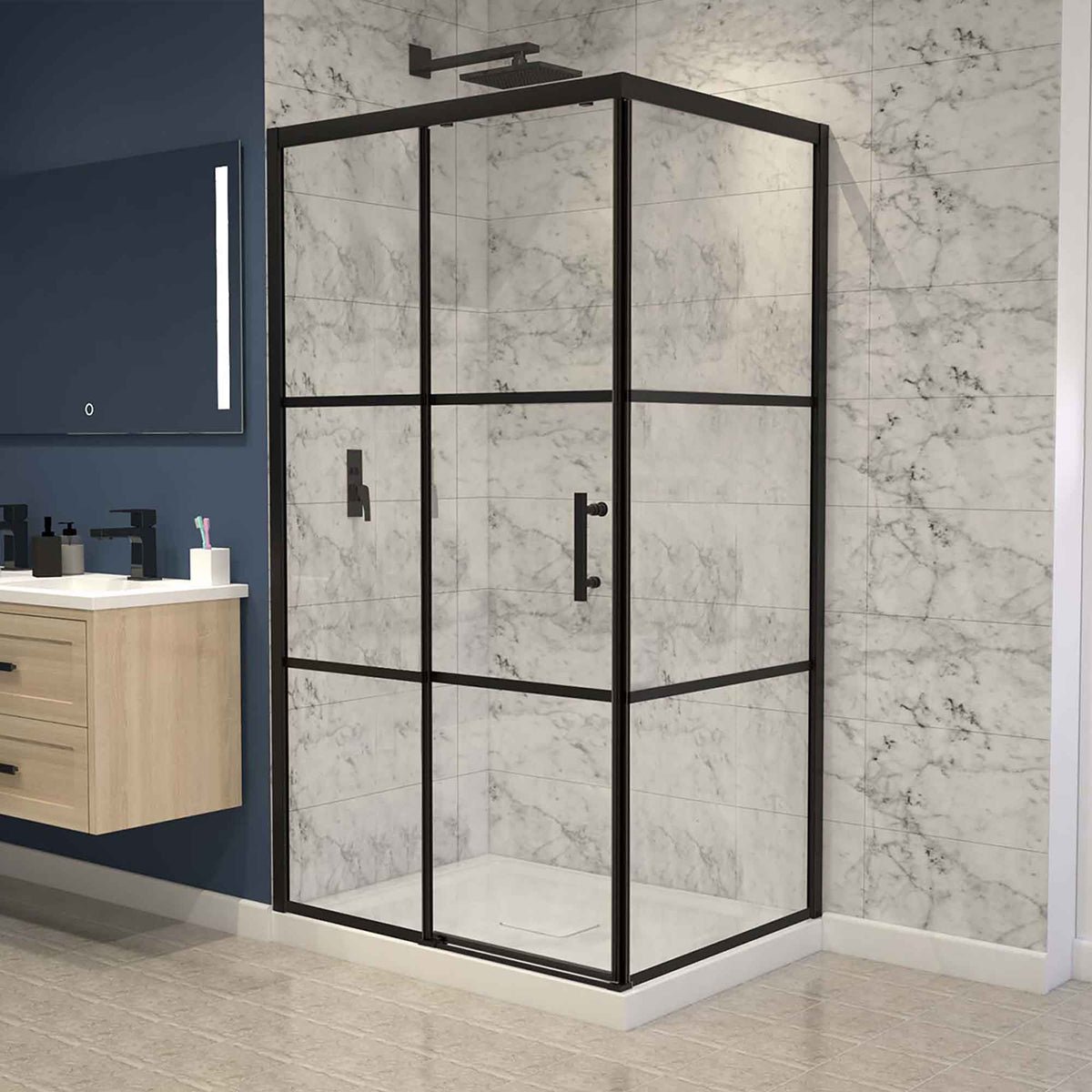 Trabajo de Glas Plus: estilo industrial en esquina 90°, marco negro completo y rejilla negra en todo el vidrio, en shower de mármol