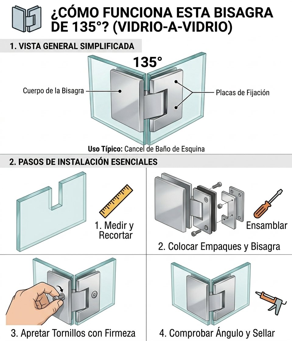 ¿Cómo funciona esta bisagra de 135° vidrio a vidrio? Pasos de instalación