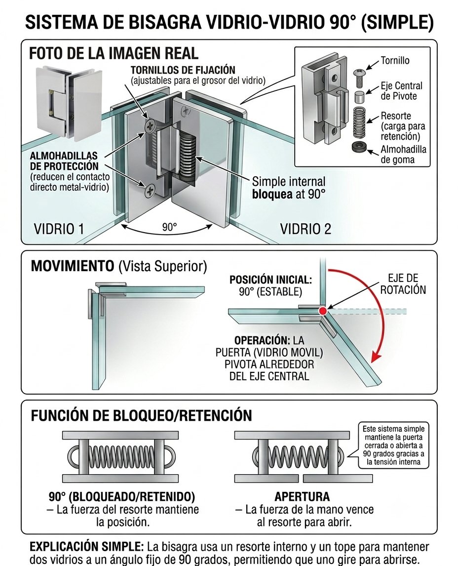 Sistema de bisagra vidrio-vidrio 90° (simple): el resorte interno bloquea a 90°