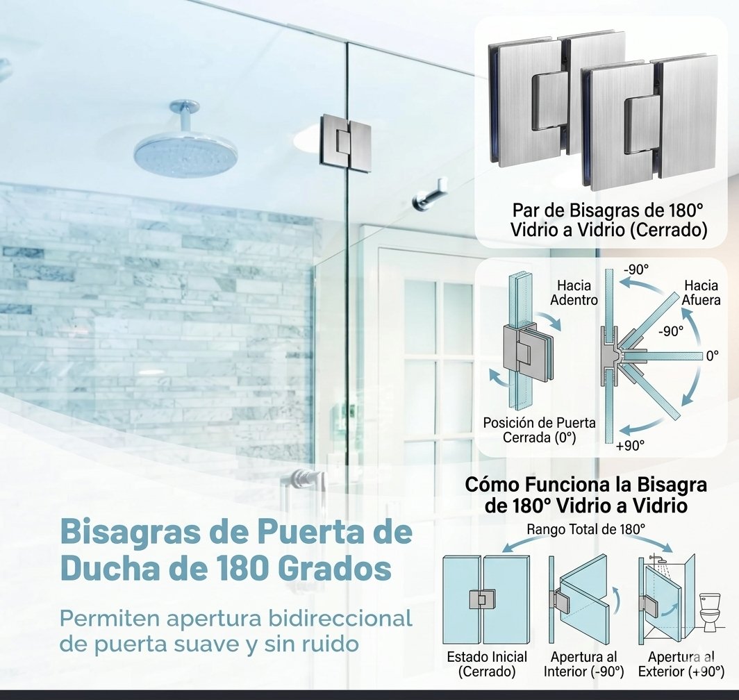 Bisagras de puerta de ducha de 180°: apertura hacia adentro y hacia afuera
