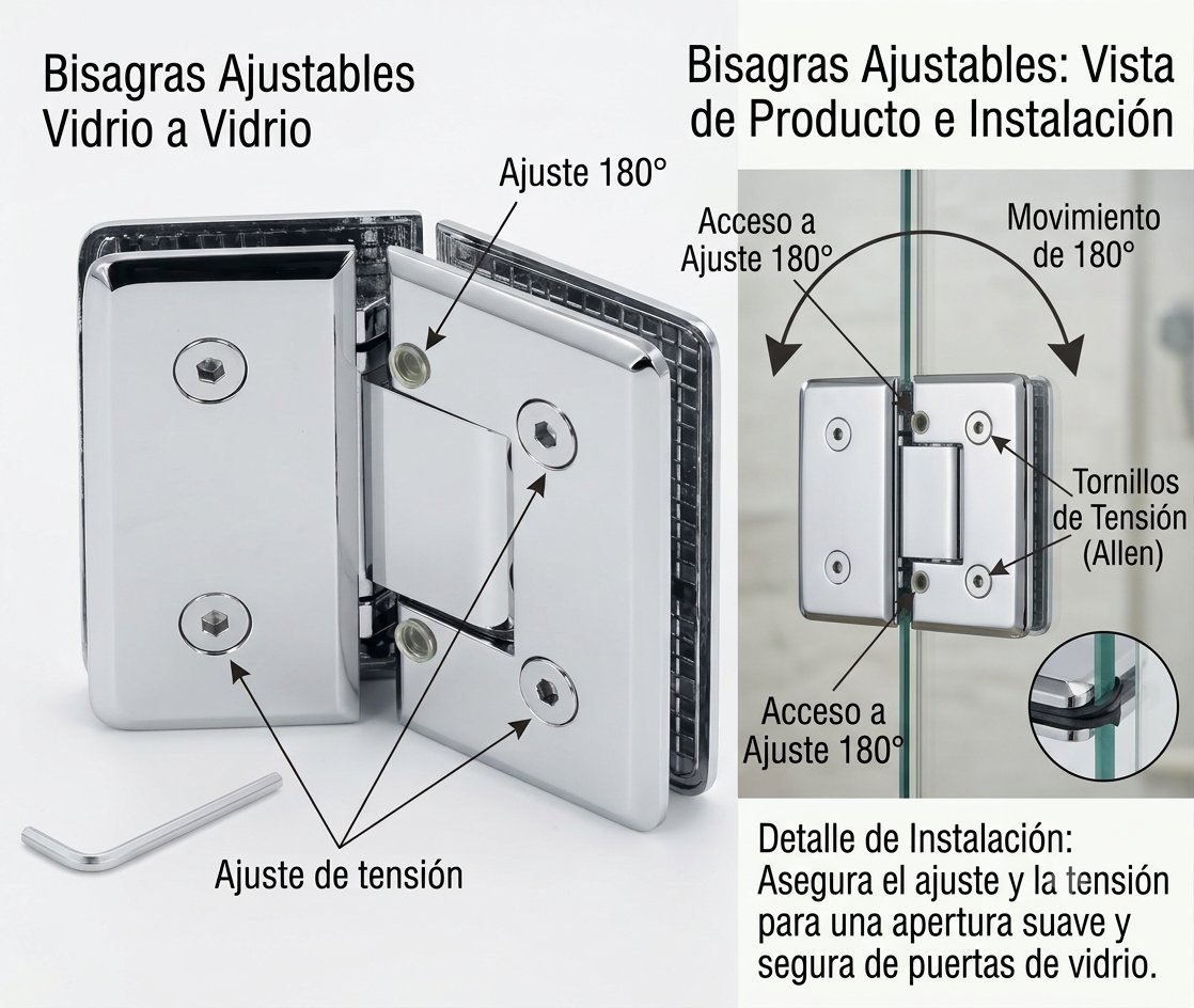 Bisagras ajustables vidrio a vidrio: ajuste de 180° y de tensión