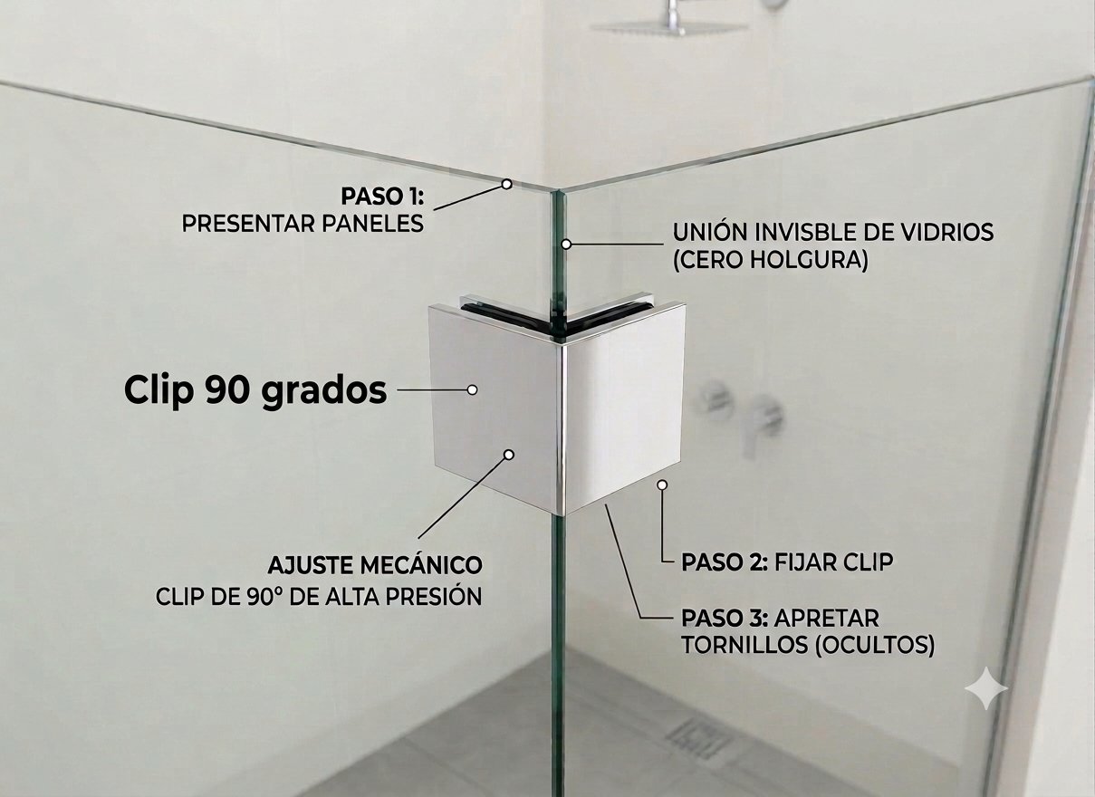 Clip 90 grados: unión invisible de vidrios, cero holgura