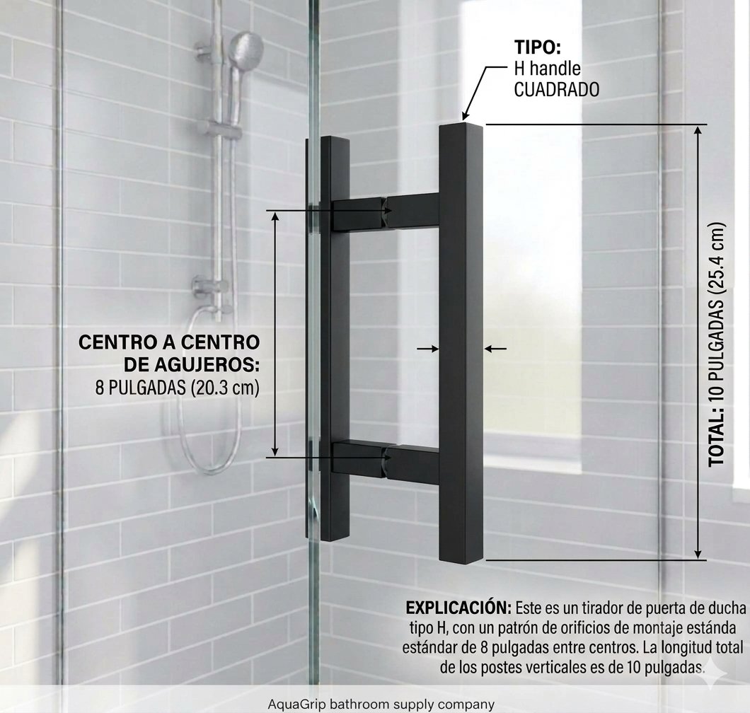 Handle tipo H cuadrado: centro a centro de 8 pulgadas, largo total 10 pulgadas