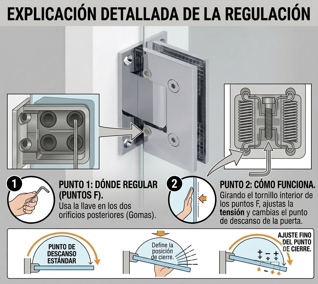 Explicación detallada de la regulación de la bisagra (puntos F)
