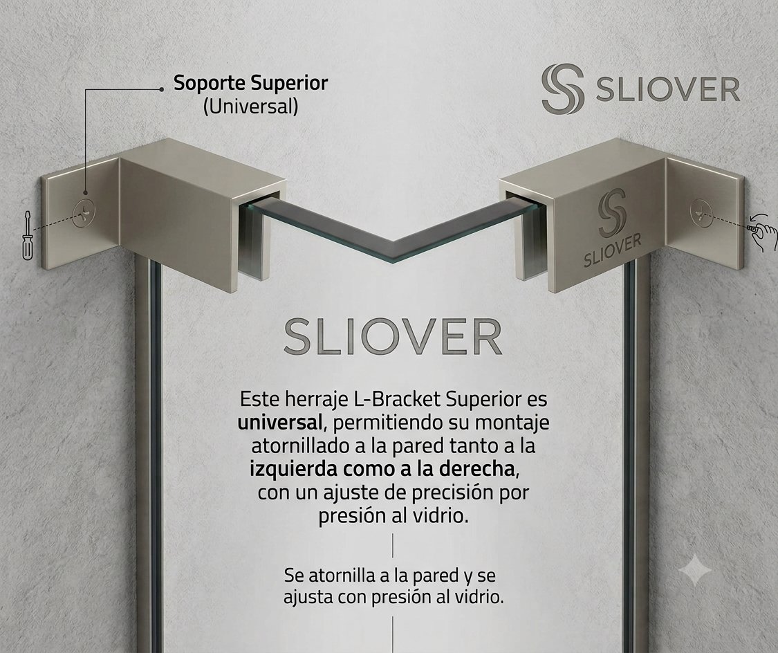 Sliover: soporte superior universal (L-bracket), se atornilla a la pared a la izquierda o a la derecha