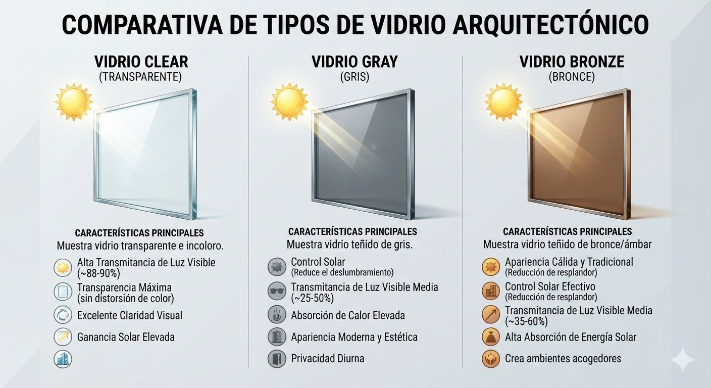 Guía comparativa de tipos de vidrio arquitectónico de Glas Plus: vidrio Clear (transparente), vidrio Gray (gris) y vidrio Bronze (bronce), con las características principales de cada uno