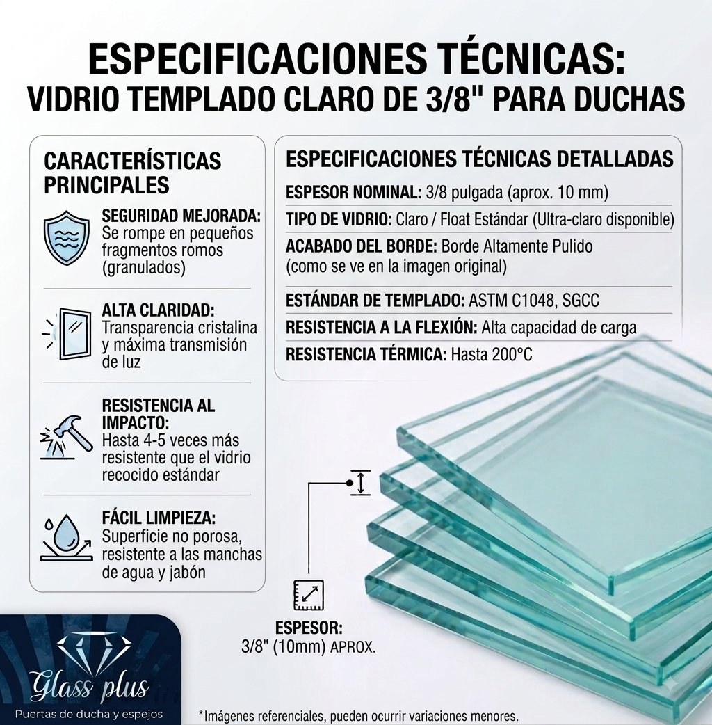 Especificaciones técnicas del vidrio templado claro de 3/8 de pulgada para duchas de Glas Plus: seguridad mejorada, alta claridad, resistencia al impacto y fácil limpieza; espesor nominal de 3/8 de pulgada (aprox. 10 mm), borde altamente pulido y estándar de templado ASTM C1048, SGCC